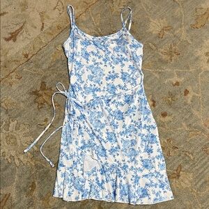 Blue and White Floral Spaghetti Strap Wrap Dress